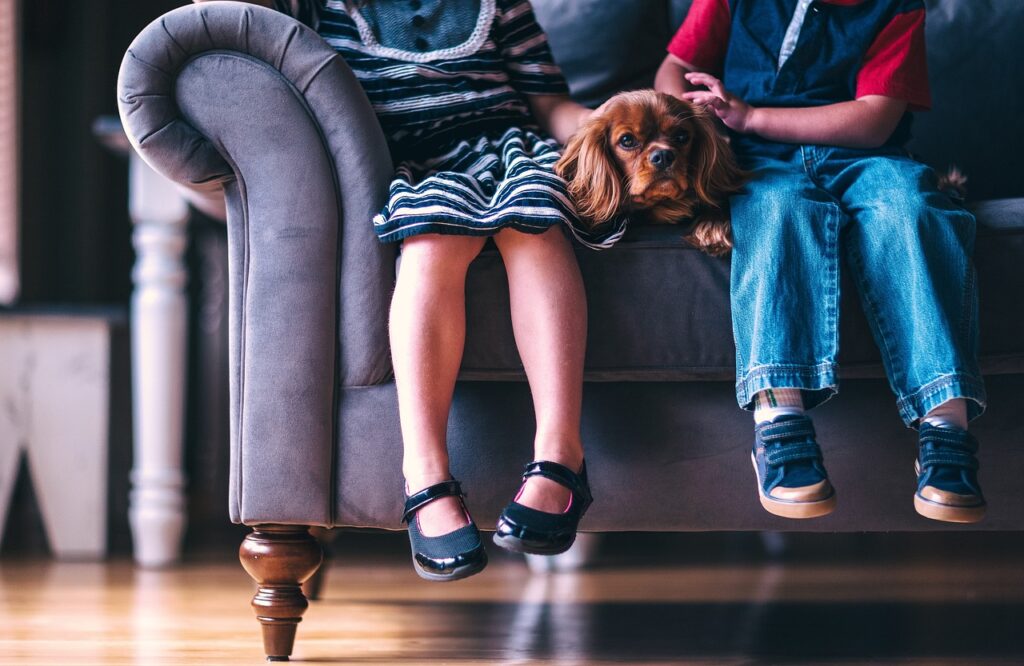 Two children sit on a couch with a brown dog in between them.